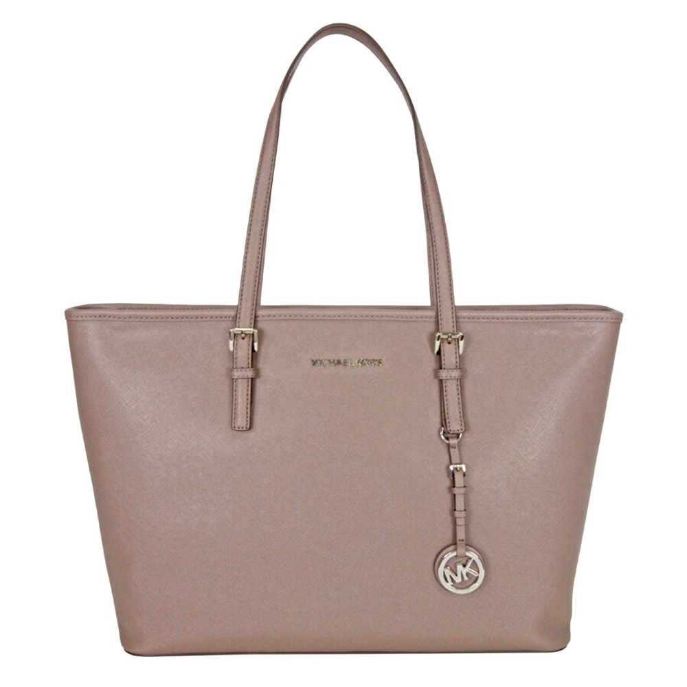 Michael Kors Jet Set logo print pearl grey saffiano leather tote silver hardware